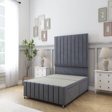 Sloomy California Steel Plush Divan Bed Base 2 Drawers Right Side With 26 Inch Strutted Headboard & 12 Inch Matching Footboard | Grey | Steel | King | 1