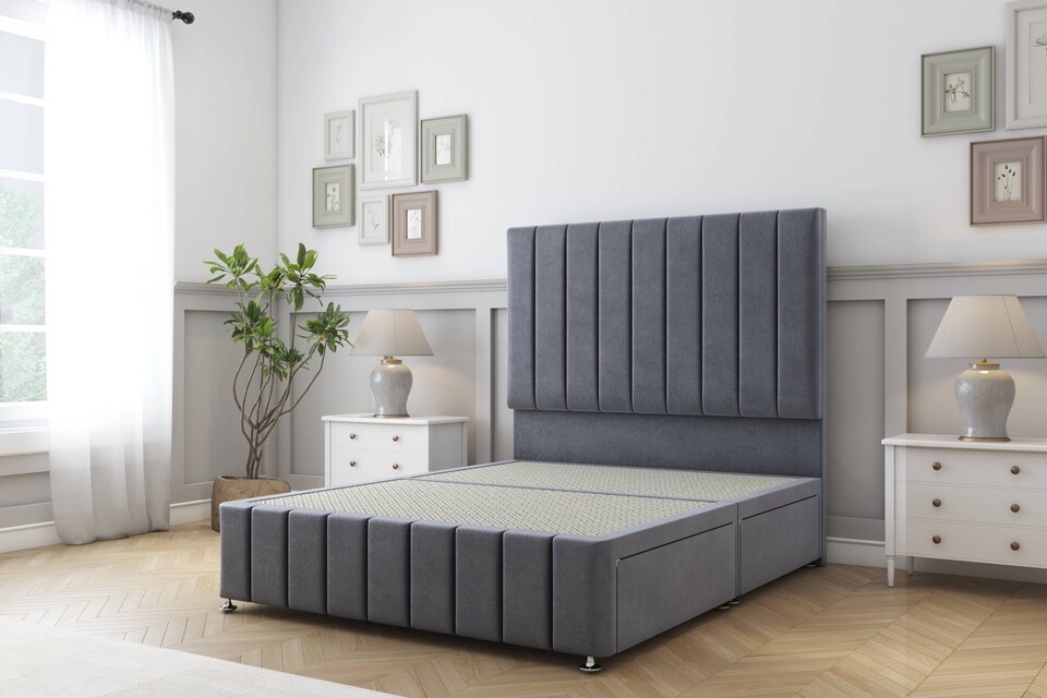 image 1 of Sloomy California Steel Plush Divan Bed Base 2 Drawers Right Side With 26 Inch Strutted Headboard & 12 Inch Matching Footboard | Grey | Steel | King | 1