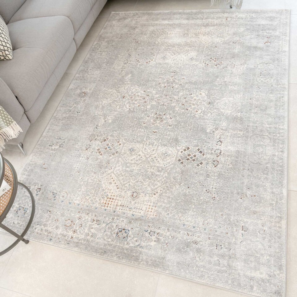 image 1 of KUKOON Silver Multicolour Distressed Bordered Medallion Area Rug 60cm x 110cm