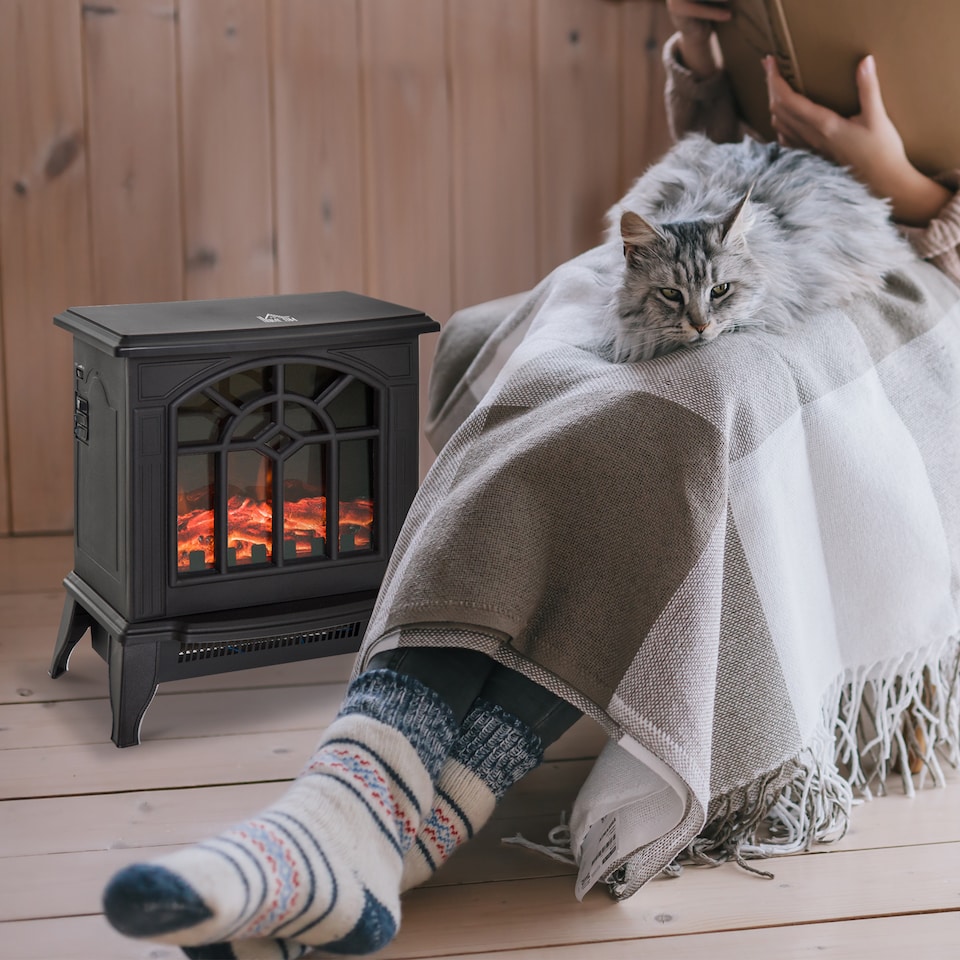 image 1 of HOMCOM Freestanding Electric Fireplace Heater w/ LED Flame 1000W/2000W Black