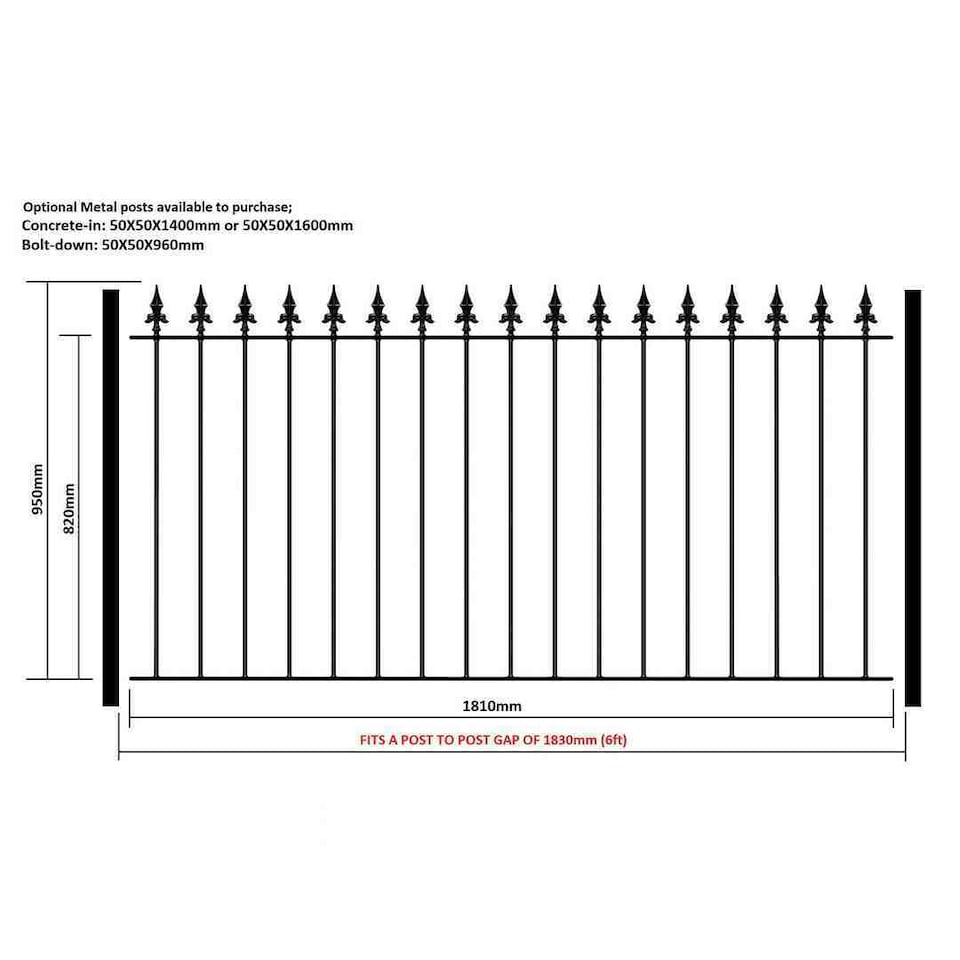 image 1 of Saxon Spear Top Fence Panel - Solid Steel - FIts Gap of 1830 mm x 950 mm High - Electro Galvanised/Black Powder Coated | Black | 1