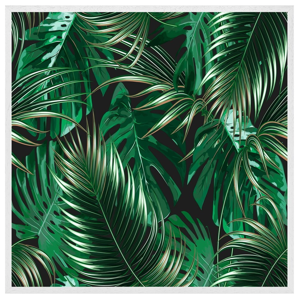 image 1 of Tropical leaves on black (Picture Frame) White | XL