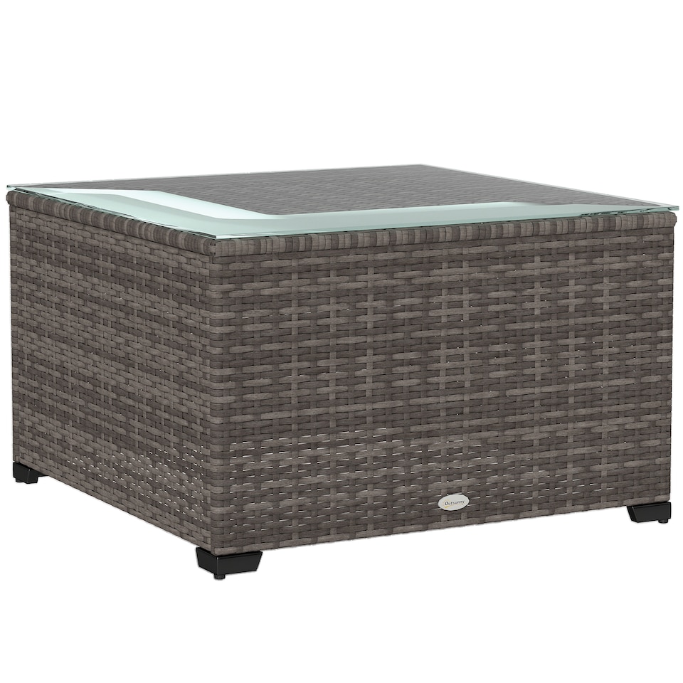 image 1 of Outsunny Outdoor Coffee Table with Glass Top, Rattan Side Table, Dark Grey