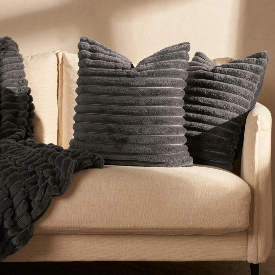 image 1 of OHS 2 x Faux Fur Matte Velvet Fleece Thick Ribbed Cushion Covers, 45x45cm - Charcoal