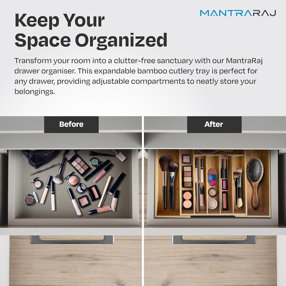 image 1 of MantraRaj Bamboo Expandable Wooden Cutlery Tray Holder Kitchen Drawer Organiser