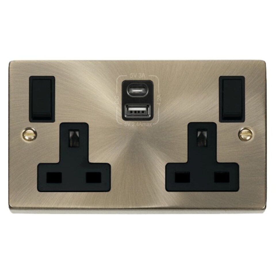 image 1 of SE HOME Antique Brass 2 Gang 13A Type A & C USB Twin Double Switched Plug Socket Brown | Antique Brass
