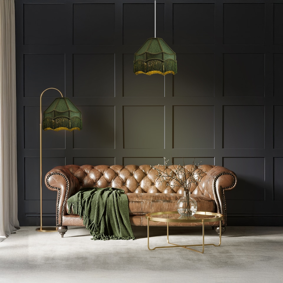 image 1 of Classic Victorian Style Empire Pendant Shade in Forest Green Fabric with Tassels | Green