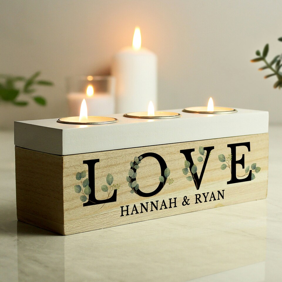 image 1 of Personalised Wedding Triple Tea Light Box Brown
