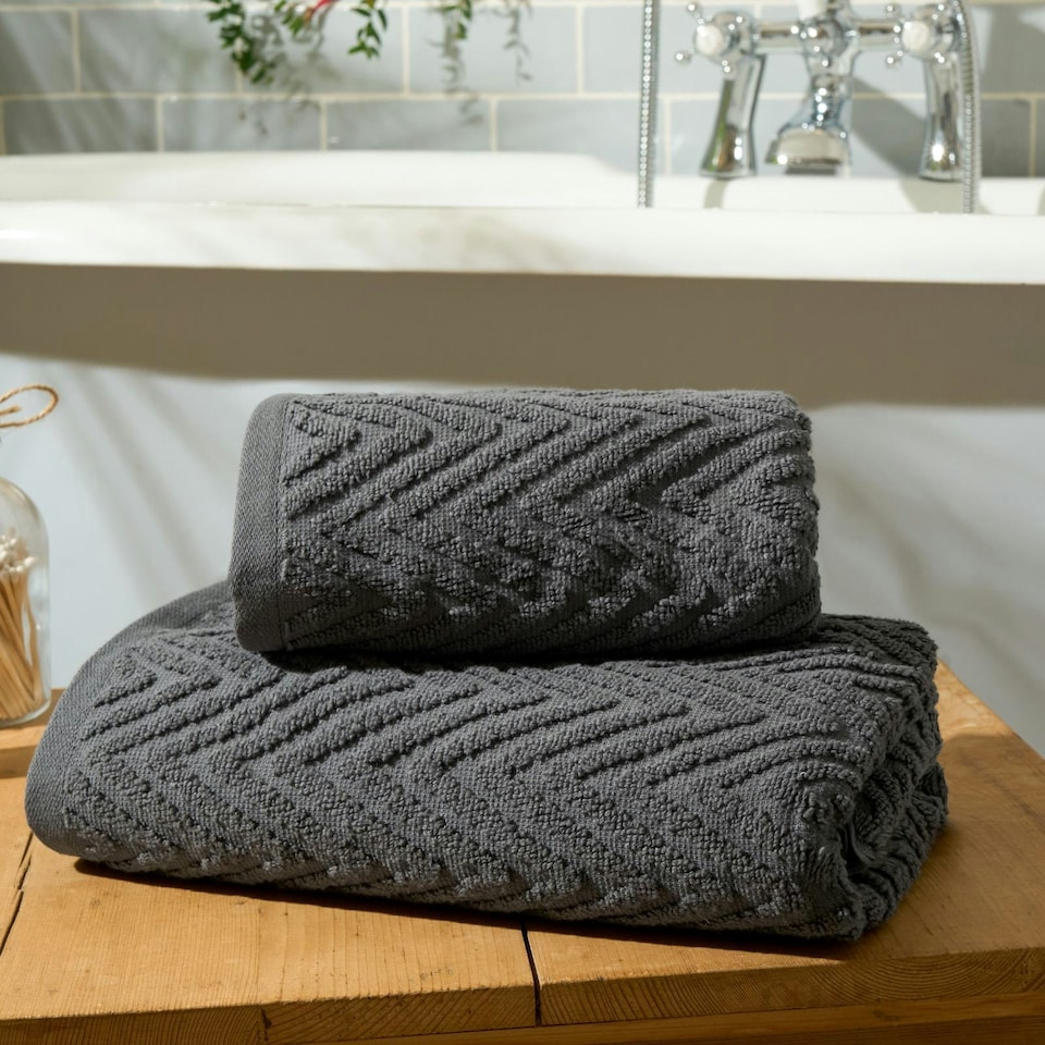 image 1 of OHS Jacquard Chevron Geo Textured 100% Cotton 500GSM Absorbent Hand Towel, 50x80cm - Charcoal