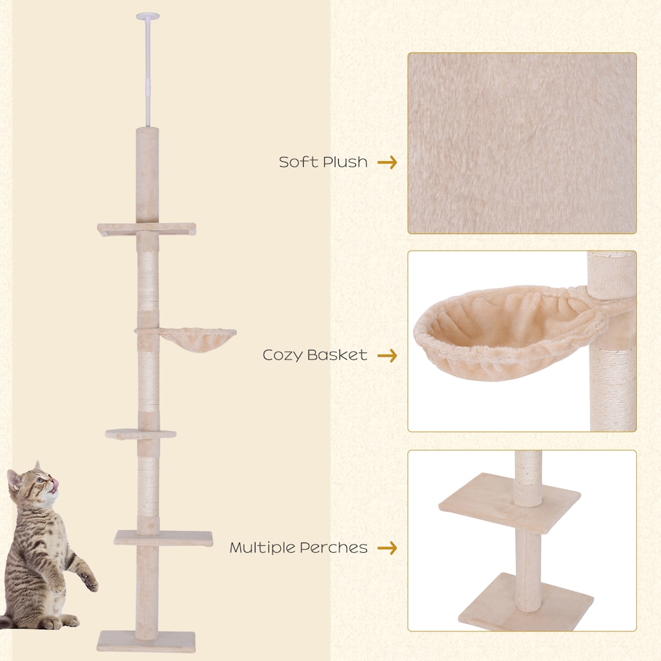 image 1 of PawHut Floor to Ceiling Cat Tree 5-Tier Climbing Tower Scratching Post