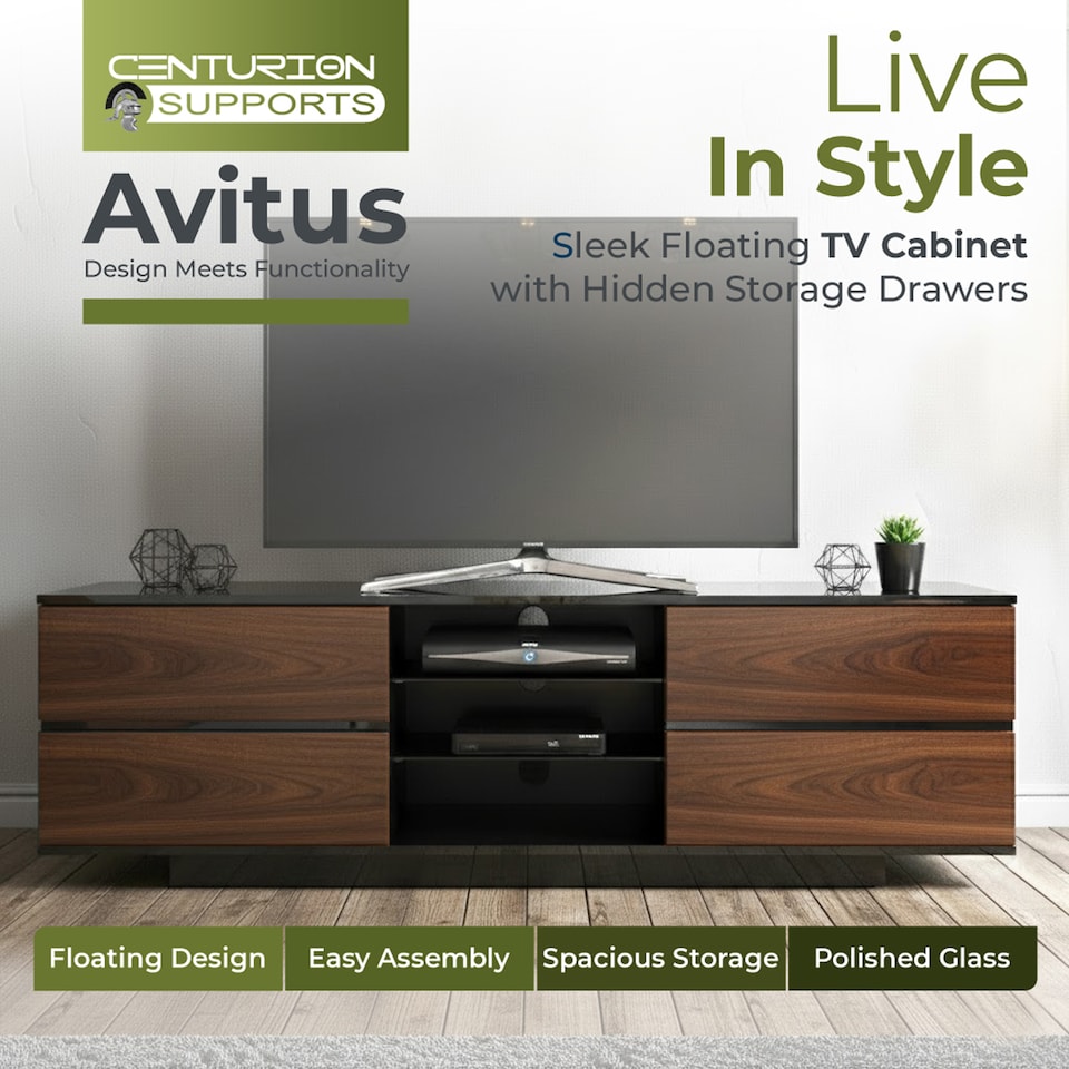 image 1 of Centurion Supports Avitus Gloss Black with 4-Walnut Drawers and 3-Shelf 32"-65" LED/LCD/Plasma TV Stand | Black | 1