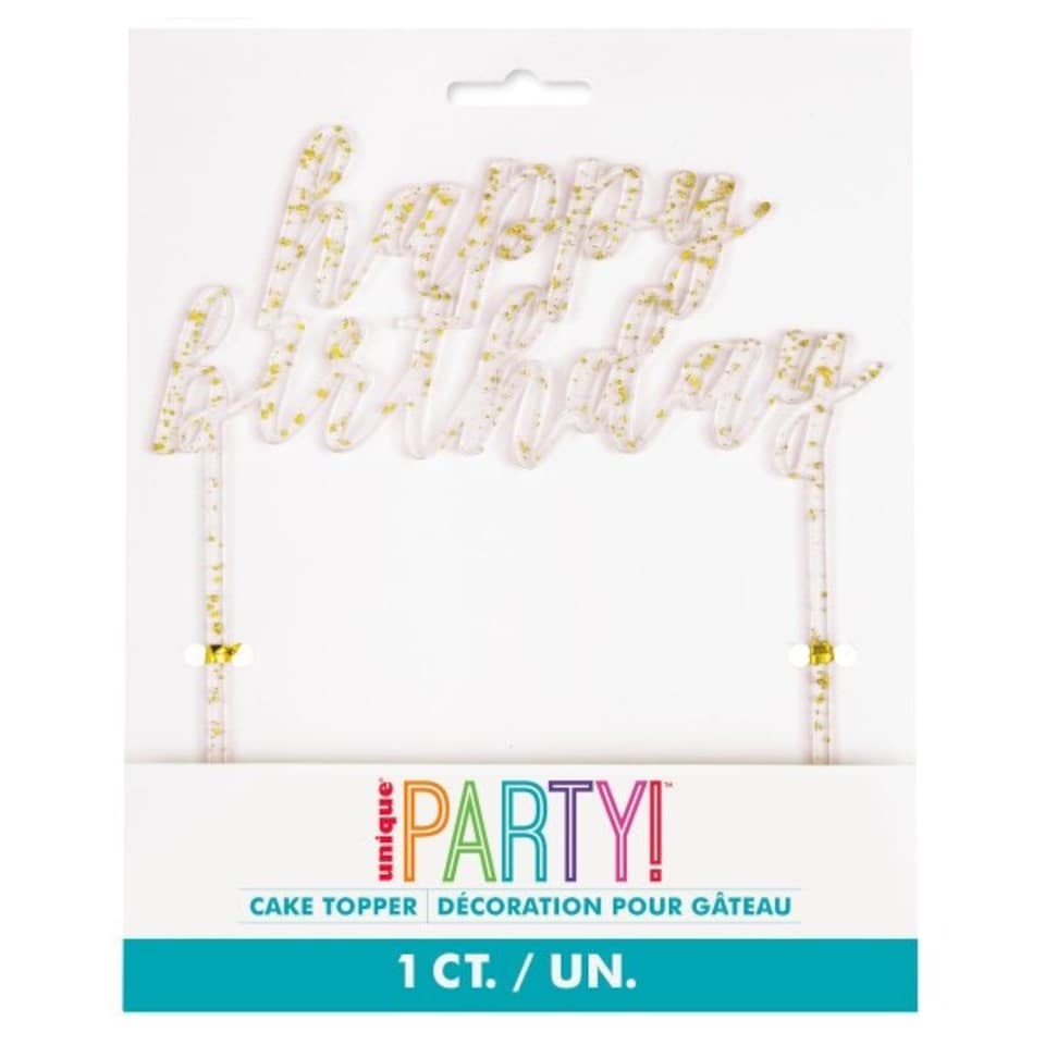 image 1 of Happy Birthday Clear with Gold Foil Flecks Acrylic Cake Topper
