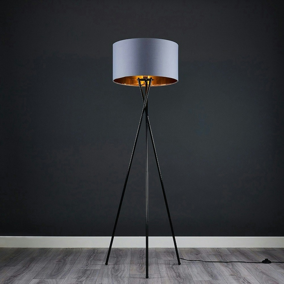 image 1 of ValueLights Camden Black Tripod Floor Lamp Grey & Gold Shade & Bulb | Gold