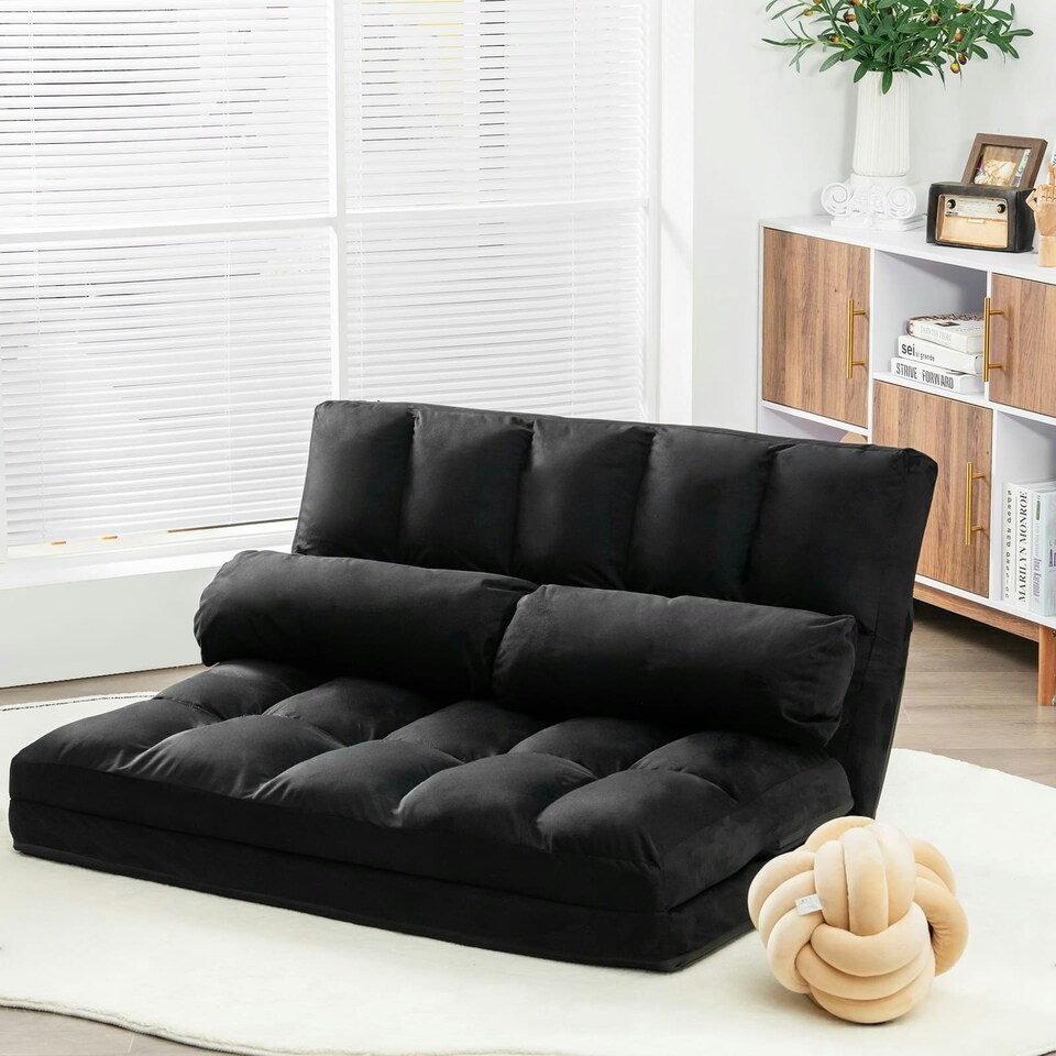 image 1 of COSTWAY Adjustable 6-Position Foldable Lazy Sofa Bed Black Black