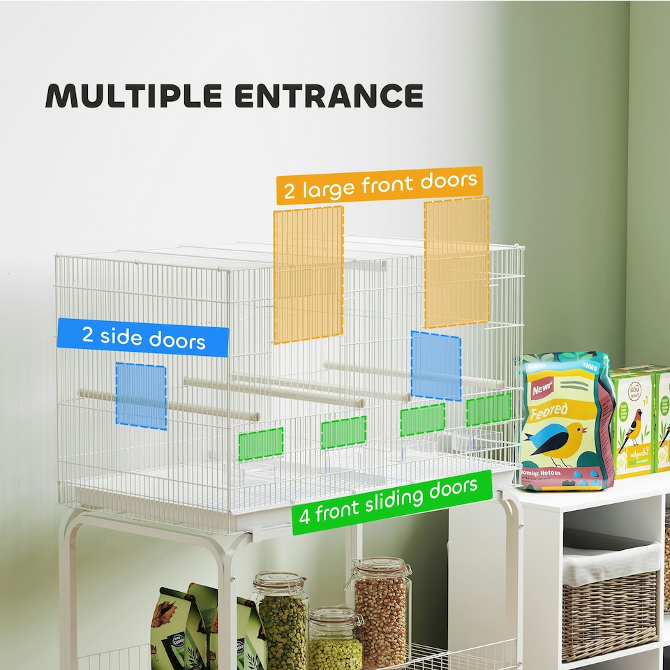 image 1 of PawHut Bird Cage with Divider, 4 Wooden Perches, Slide Out Tray, White