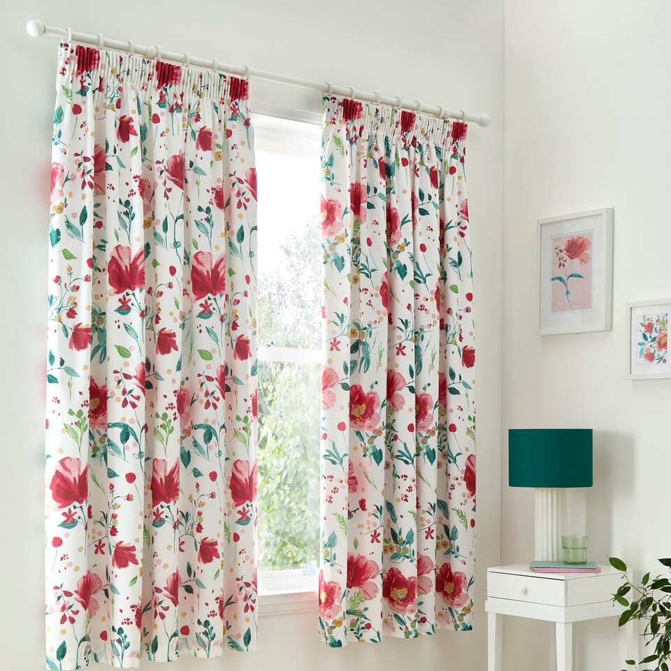 image 1 of D & D Abstract Poppy Pencil Pleat Curtains Red