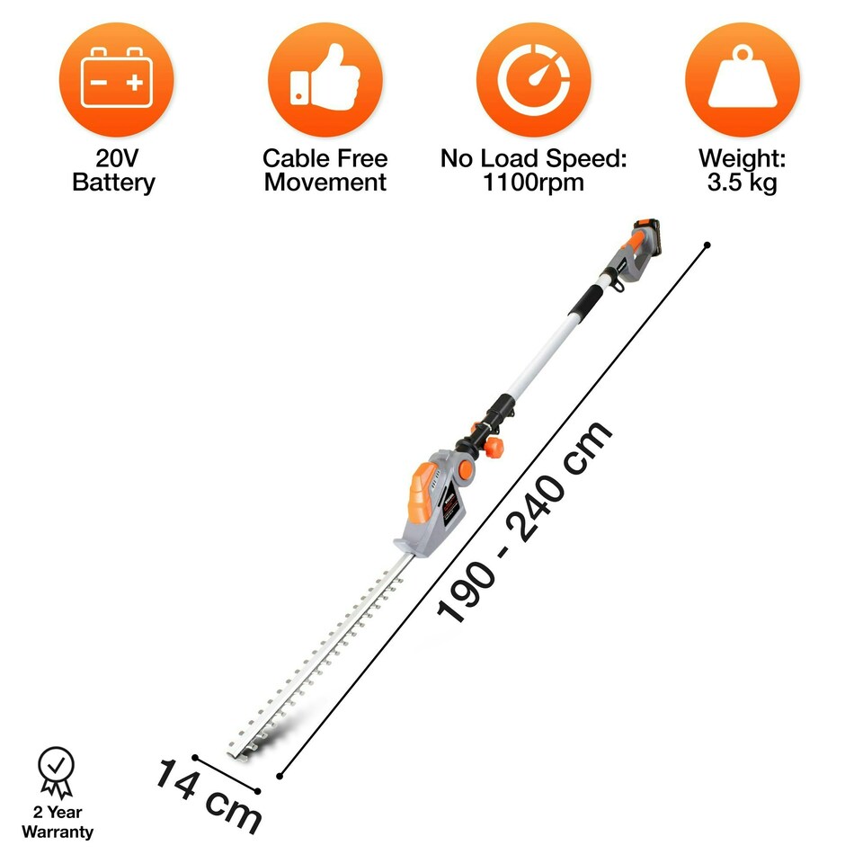 image 1 of Terratek 20V 2.4m Cordless Telescopic Long Reach Hedge Trimmer 1 Battery | Grey | Grey | 1