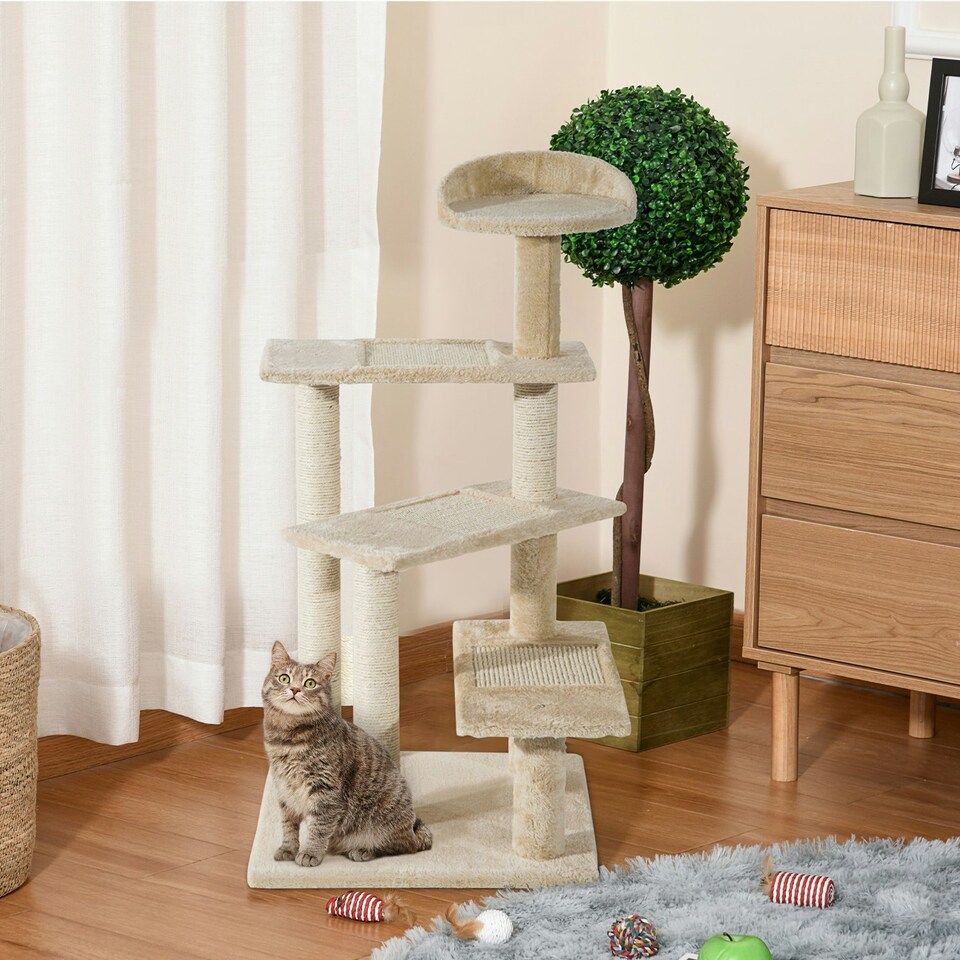 image 1 of PawHut 100cm Cat Tree Indoor Kitten Scratching Post Activity Centre Beige