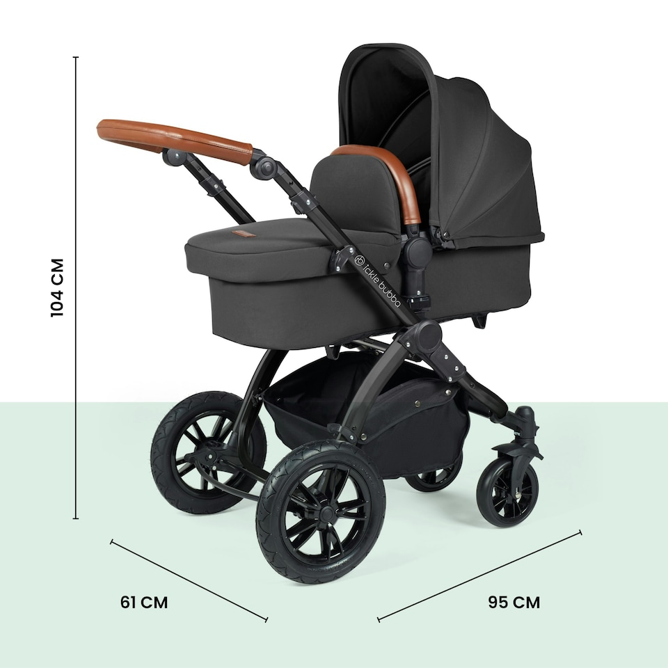 image 1 of Stomp Luxe 12pc Travel System with Cirrus i-Size Car Seat & ISOFIX Base, Carrycot, Reversible Seat, Rain Cover & More (Black/Charcoal Grey/Tan)