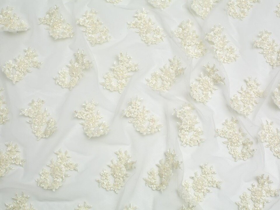 Minerva Core Range Cream Beaded Embroidered Tulle Lace Fabric for Bridal, Dressmaking, 137cm / 53" Wide - per metre