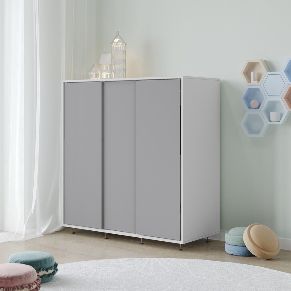image 1 of 120cm 3 Sliding Doors Children Kids Wardrobe Bedroom Storage Closet Hanging Rail | Multi | White with Grey Doors | 1