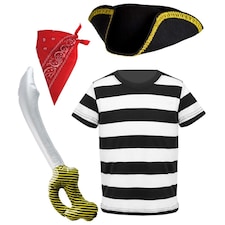 Pirate Costume Set - Top, Hat, Bandana & Sword | Black | L