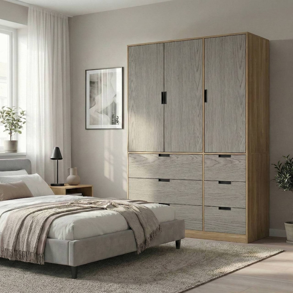 image 1 of RIGA 3 Door 6 Drawer Wardrobe | Brown | Oak & Cedar Grey | 10 x 44.5 x 79 | 1
