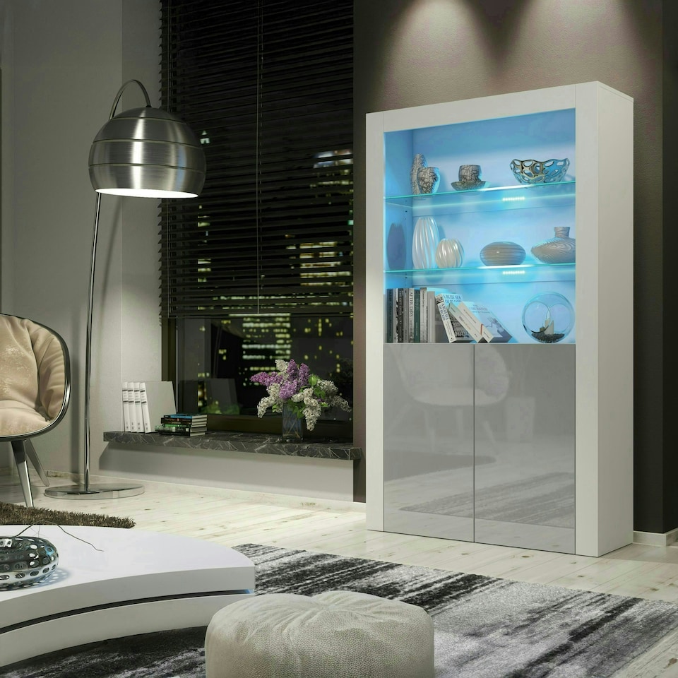 image 1 of Display Cabinet 100cm Grey Gloss Doors White Matt Body Free LED | White | Grey