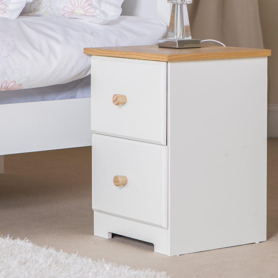 image 1 of Colorado 2 Drawer Bedside Cabinet Soft White Painted Finish with Oak Woodgrain Top, Bedroom Furniture | White | Soft White | 1