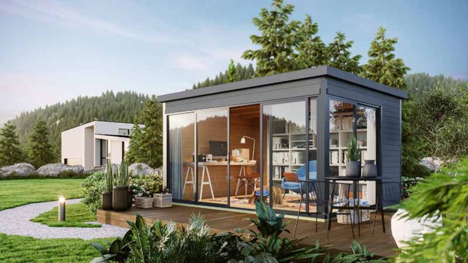 image 1 of Domeo 4 & Domeo 4 Al pack ISO-Log Cabin, Wooden Garden Room, Timber Summerhouse, Home Office - L437.6 x W341.5 x H239.4 cm | Brown