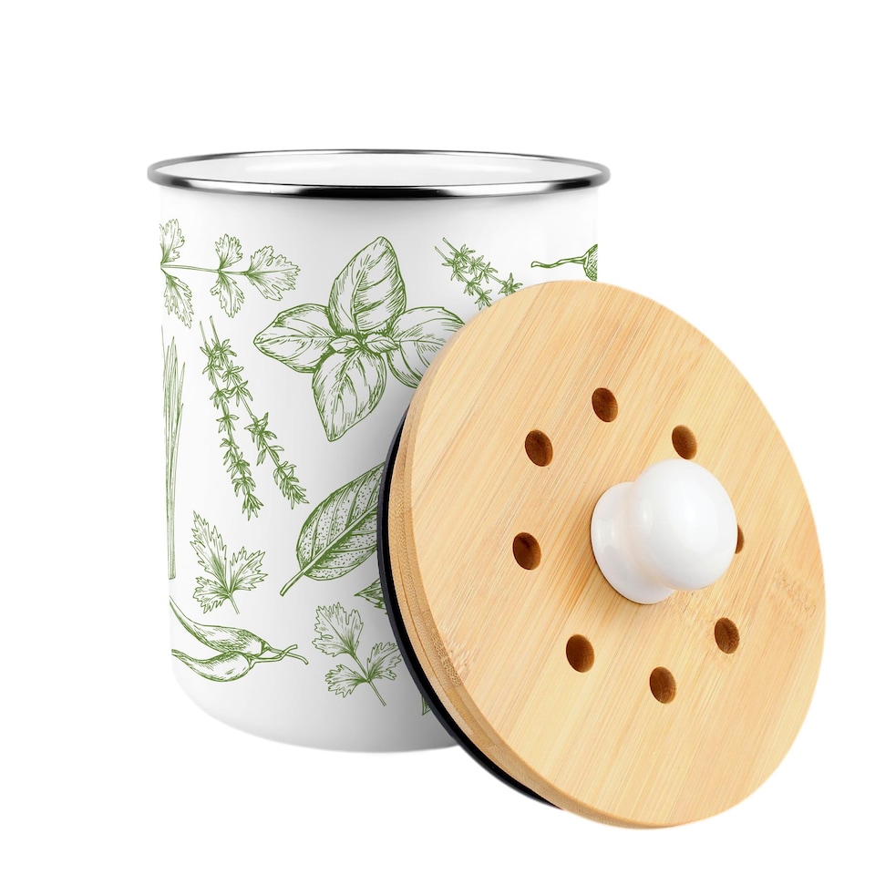 image 1 of Green Herbs Food Waste Caddy - Metal 2L Decorative Kitchen Compost Bin