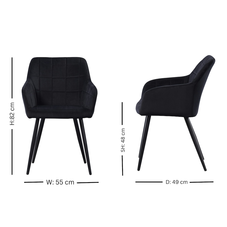 image 1 of Set of 2 Camden Modern Velvet Dining Chairs with Armrests, Quilted Design & Black Metal Legs Black