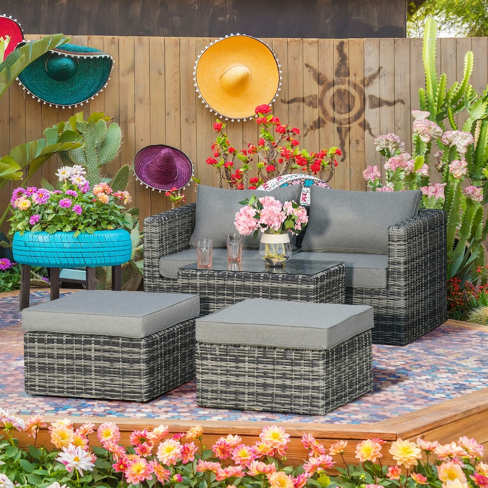 image 1 of Outsunny 5 Pcs Rattan Garden Furniture Set Single Sofa Stool Coffee Table Grey