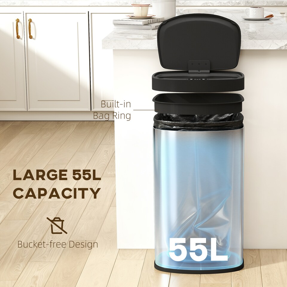 image 1 of HOMCOM Automatic Kitchen Bin with Soft-Close Lid, 55L Sensor Wastebasket | Silver