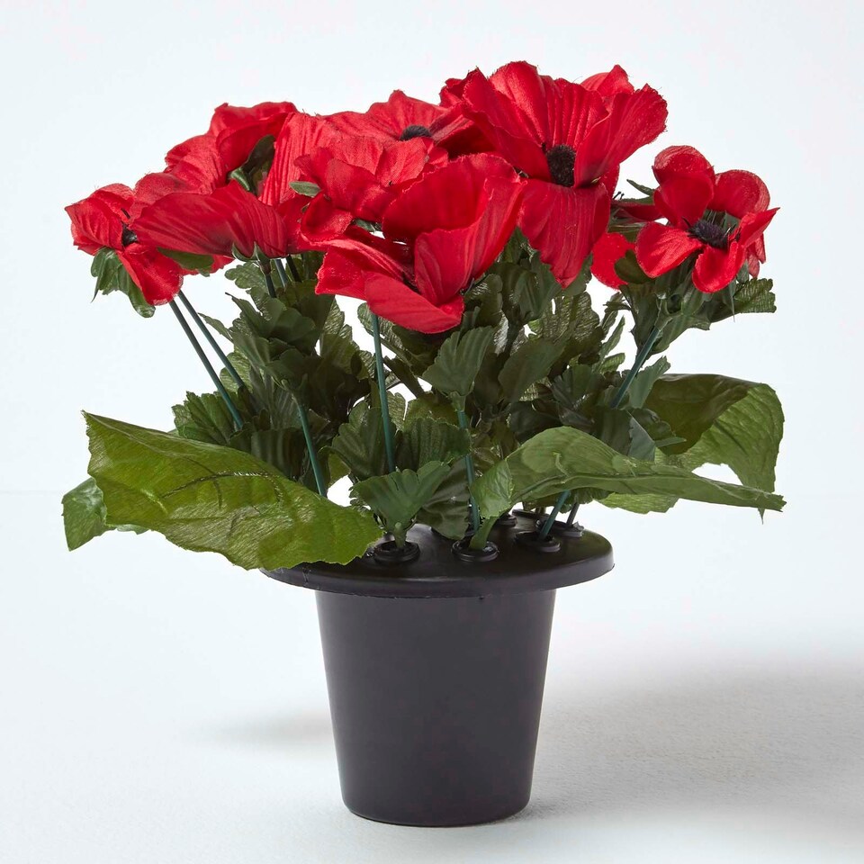 image 1 of Homescapes Artificial Red Poppy Flower Arrangement in Grave Pot