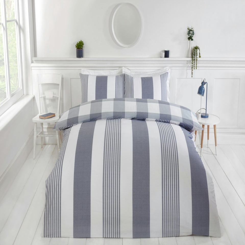 image 1 of PH Chambray Stripe Duvet Cover Set with Pillowcase Blue | Super King