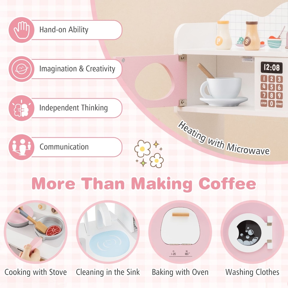 image 1 of COSTWAY Wooden Kids Kitchen Playset Pretend Play Kitchen With  Coffee Maker-Pink