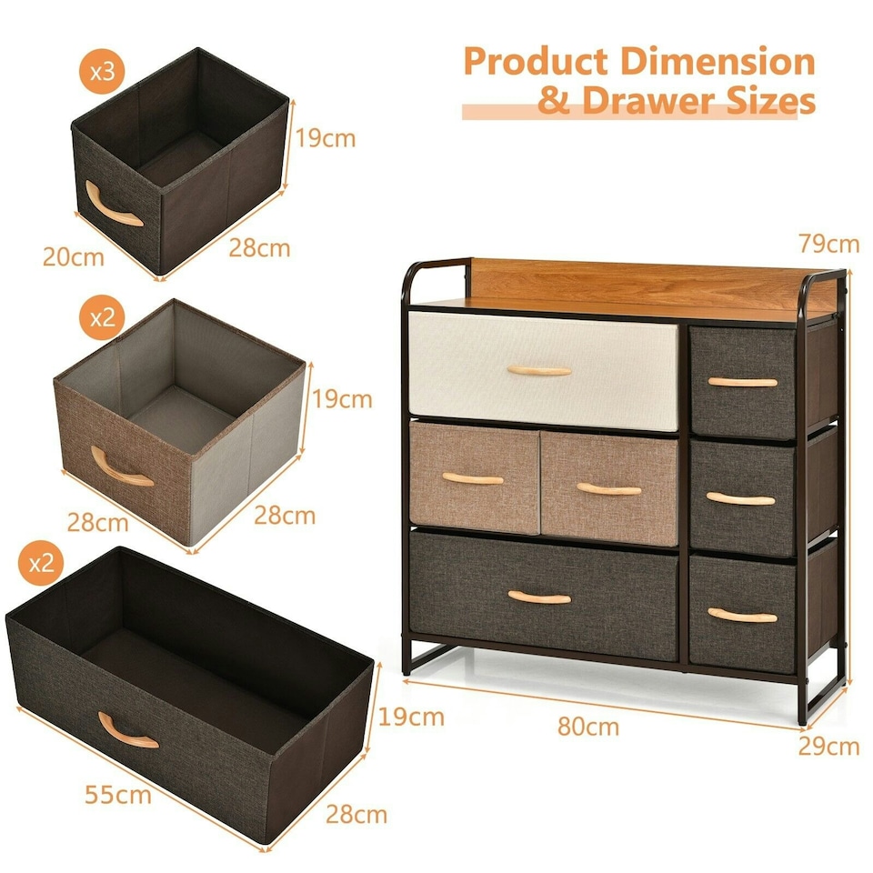image 1 of COSTWYA 7-Drawer Dresser 3-Tier Chest of Drawers Wooden Top Multi