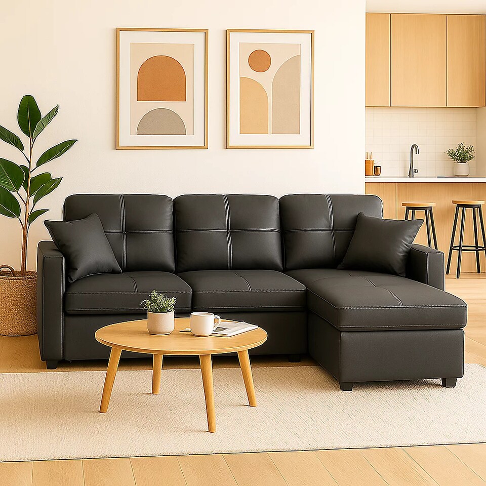 image 1 of Milano 3 Seater L Shape Pullout Sofa Bed with Deep Storage Compartment & Reversible Chaise | Black | 1