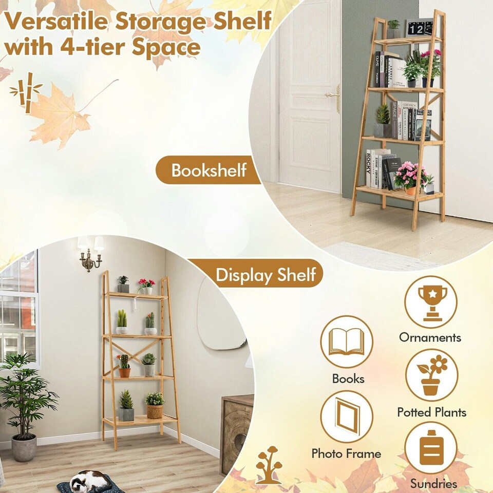 image 1 of COSTWAY 4-Tier Ladder Shelf Bookcase Storage Organizer Brown