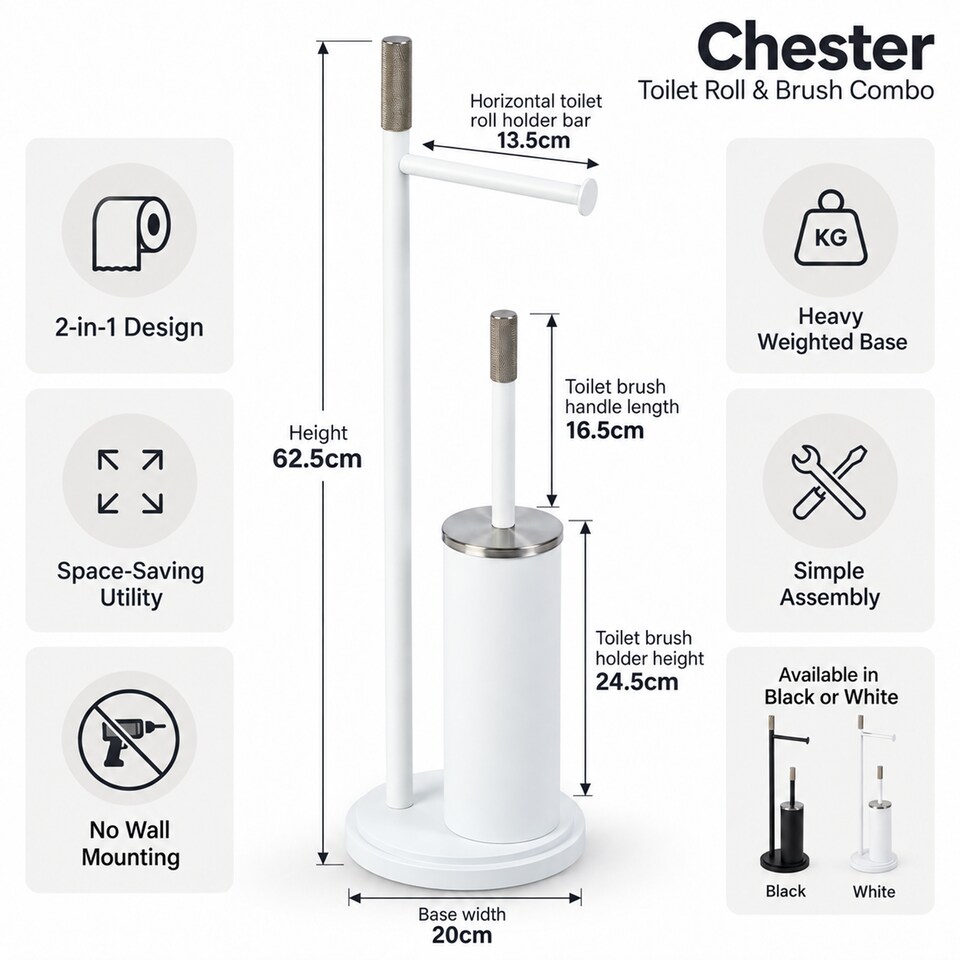 image 1 of Showerdrape Chester White Toilet Roll Holder & Toilet Brush Combination | White | 1