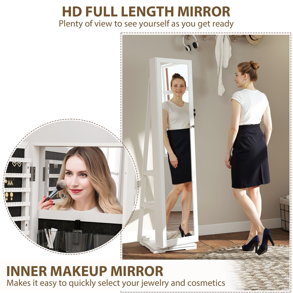 image 1 of HOMCOM 360  Swivel Jewellery Cabinet, Free Standing Full Length Mirror with Storage, Lockable Jewellery Organiser with Built-in Makeup Mirror and Storage Shelves for Bedroom, White