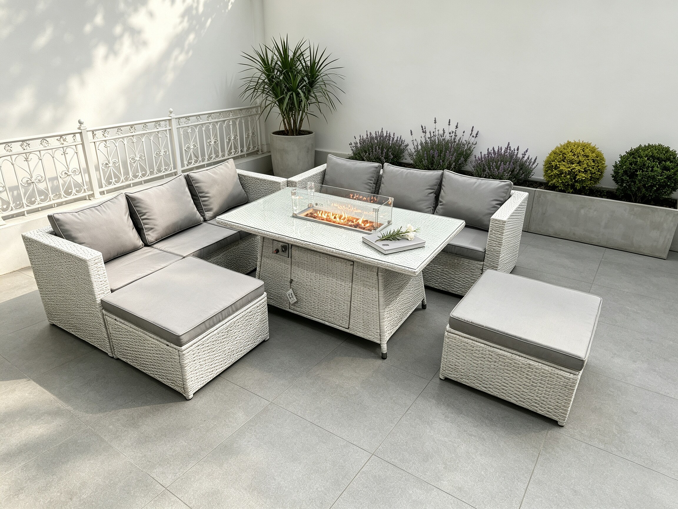 Fimous 8 Seater Garden Dining Sets Outdoor Rattan Furniture Gas Fire Pit Dining Table Gas Heater with 2 Big Footstools Light Grey