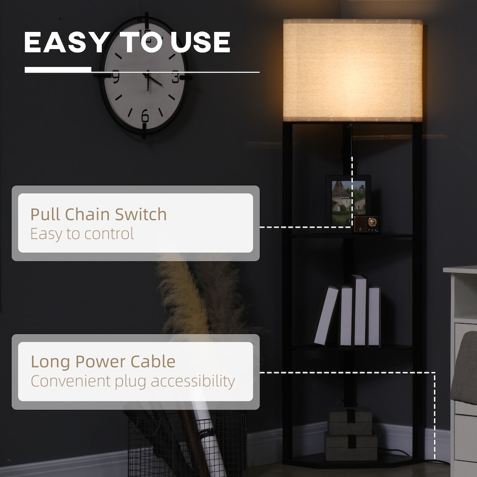 image 1 of HOMCOM Corner Floor Lamp with Shelves, Modern Tall Standing Lamp with Chain Switch for Living Room, Bedroom, Bulb Not Included, Black