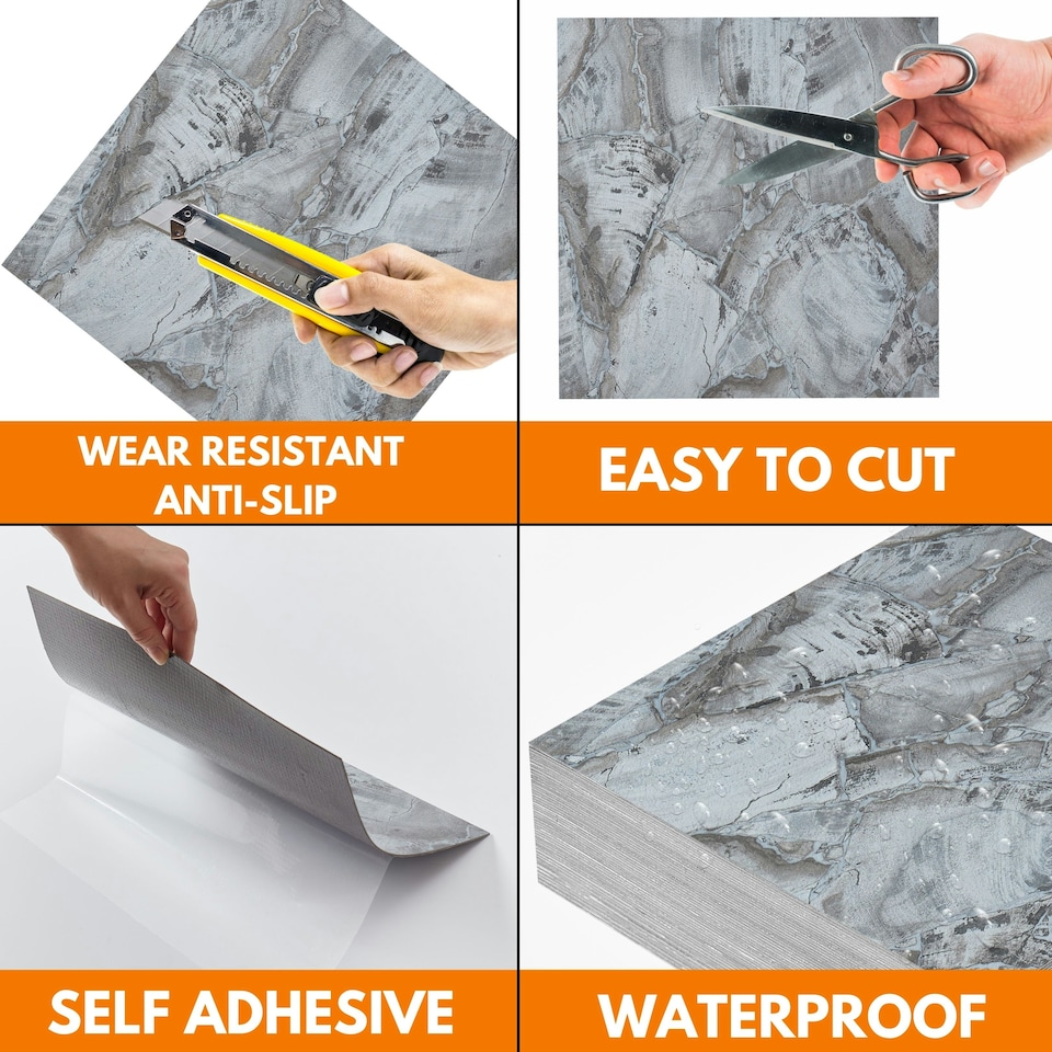 image 1 of NOVECRAFTO Vinyl Floor Tiles Self Adhesive – 12x12in Peel and Stick Flooring for Kitchen, Bathroom & Living Room – Charcoal Marble Flow Design Grey | 3.72 sqm