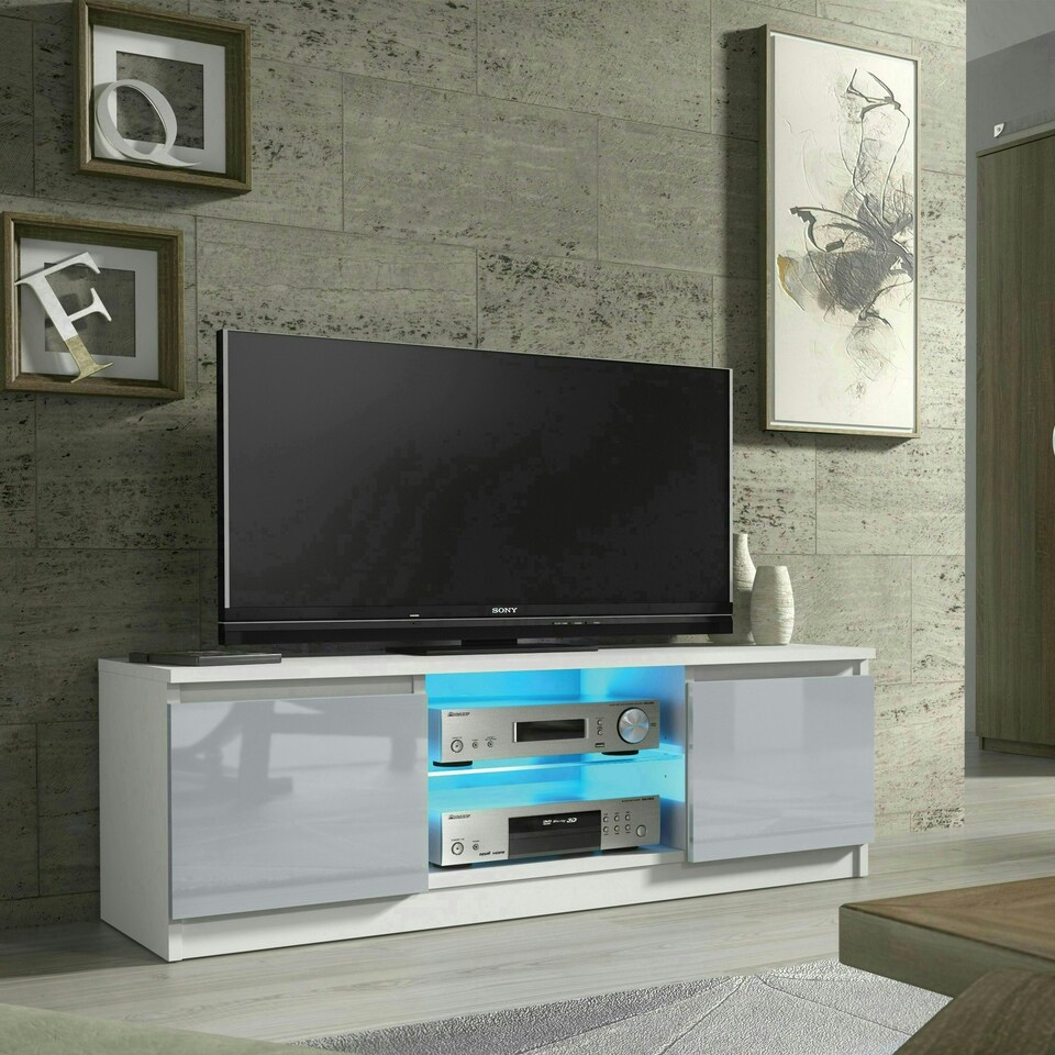 image 1 of TV Unit 120cm Grey Gloss Doors White Matt Body Glass Shelf Free LED White | Grey