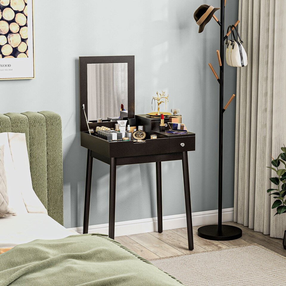 image 1 of HOMCOM Dressing Table with Flip-up Mirror, Makeup Desk with 2 Drawers and Pine Wood Legs, Vanity Table Writing Desk for Bedroom Living Room, Black | Black | Black