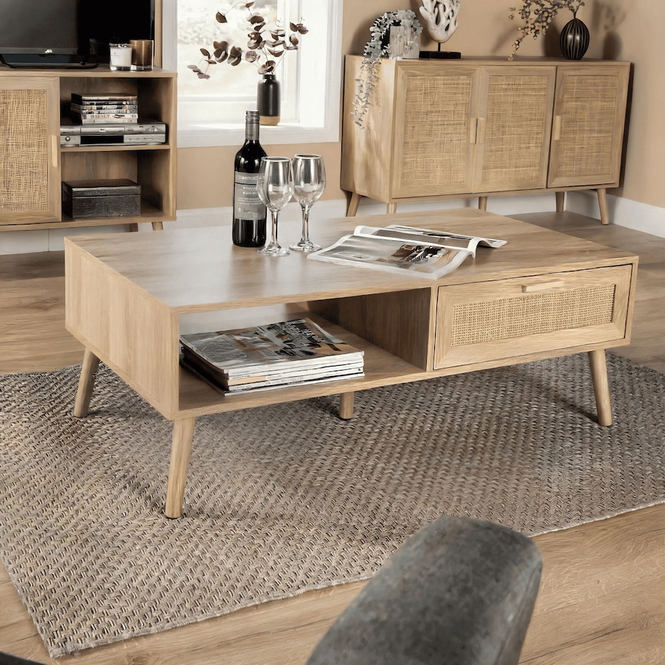 image 1 of Coffee Table Rattan Front Drawer Open Shelf Solid Wooden Legs Home Living Room