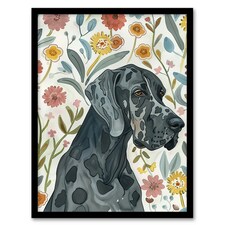 Great Dane Pet With Flowers Dog Lover Watercolour Black Framed Wall Art Print A4
