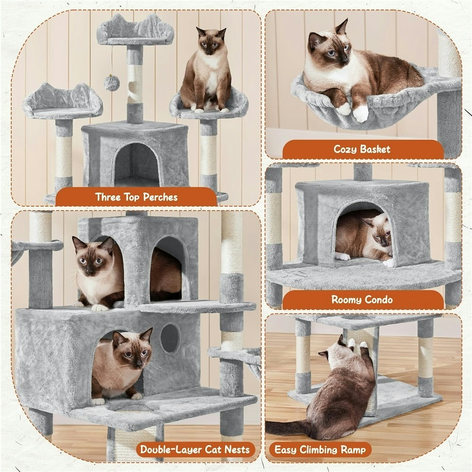 image 1 of Yaheetech Large Cat Tree with 3 Condos Light Grey